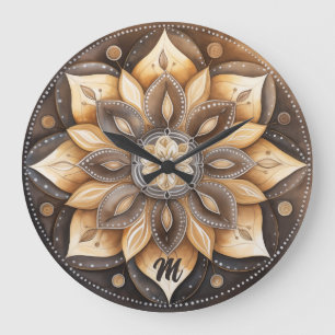 Personalised Monogram Watercolor Brown Mandala Large Clock