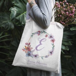 Personalised Monogram Watercolor Floral Wreath Tote Bag