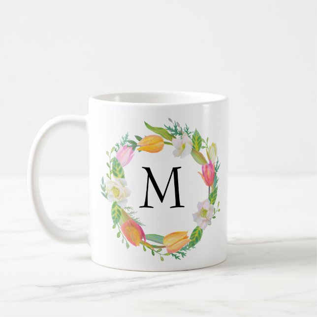 Personalised Monogram, Watercolor Pink Tulip Mug (Left)