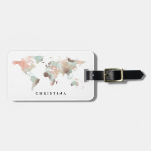 Personalised Monogram Watercolor World Map Travel Luggage Tag