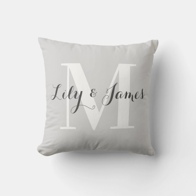 Personalised Monogram White Grey Wedding Keepsake Cushion (Front)