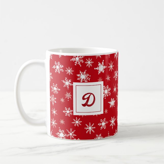 Personalised Monogram Xmas Snowflake Red Pattern  Coffee Mug (Left)