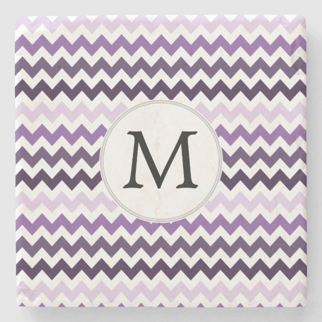 Personalised Monogram zigzag purple and White Stone Coaster (Front)