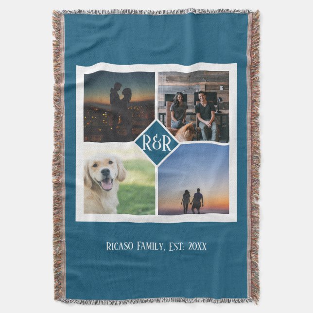 Personalised Monogrammed 4 Photo Collage Throw Blanket (Front Vertical)