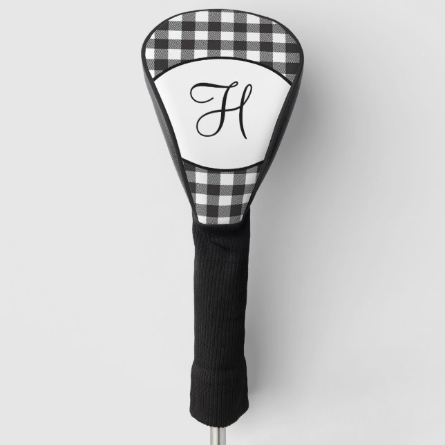 Personalised Monogrammed Black and White Plaid Golf Head Cover (Front)