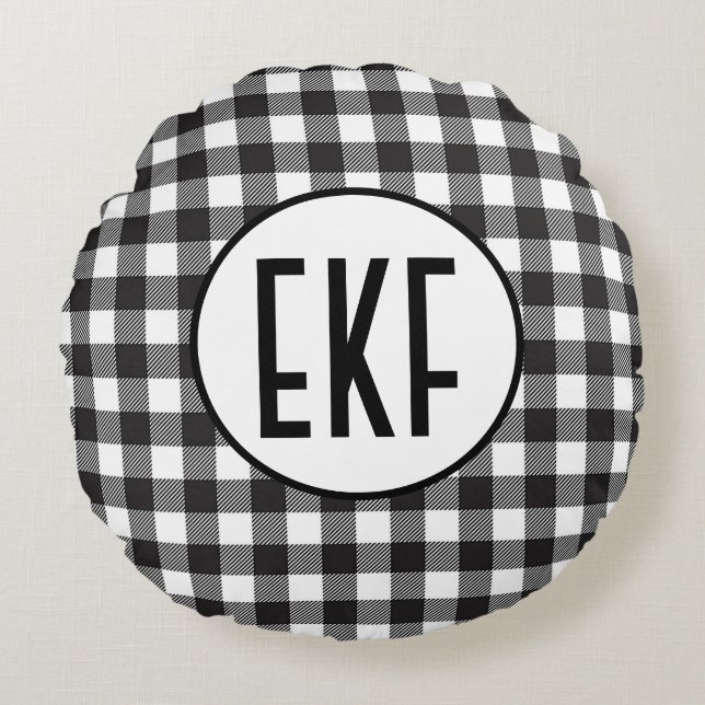 Personalised Monogrammed Black and White Plaid Round Cushion (Front)