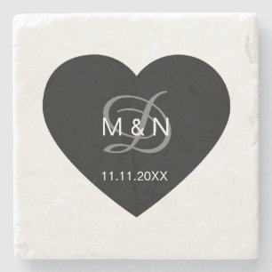 Personalised Monogrammed Black Heart Wedding Stone Coaster