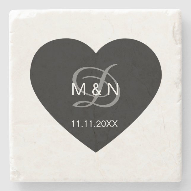 Personalised Monogrammed Black Heart Wedding Stone Coaster (Front)
