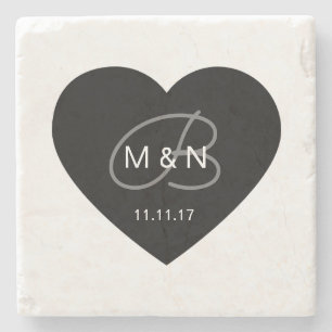 Personalised Monogrammed Black Heart Wedding Stone Coaster