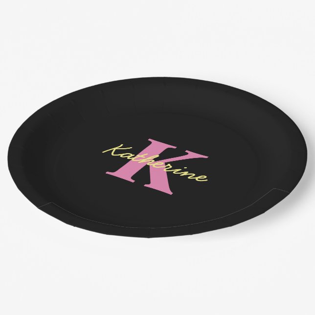Personalised Monogrammed Black Modern Paper Plate (Angled)