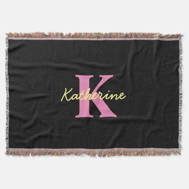 Personalised Monogrammed Black Modern Throw Blanket (Front)