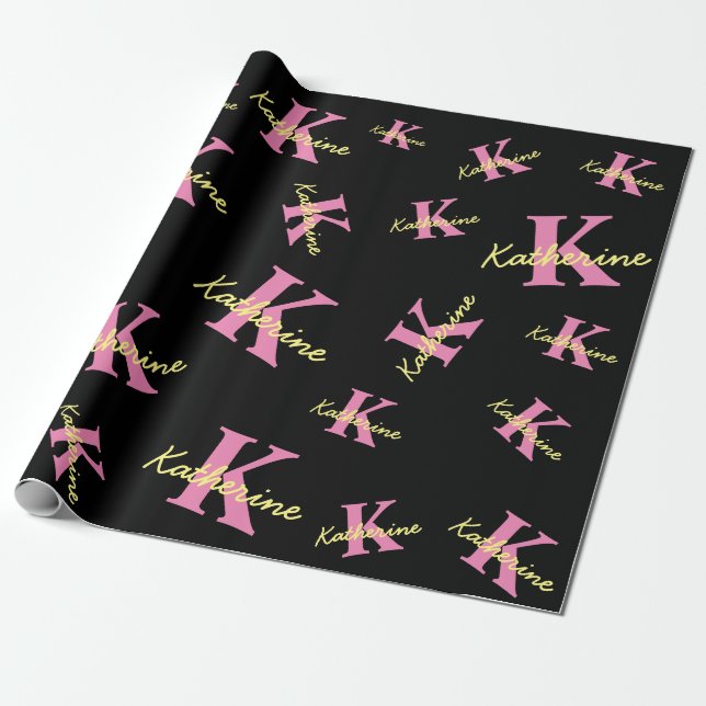 Personalised Monogrammed Black Modern Wrapping Paper (Unrolled)
