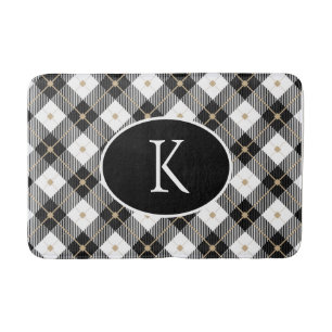 Personalised Monogrammed Black White Gold Plaid Bath Mat