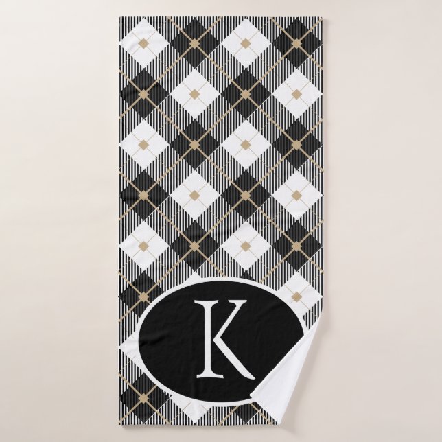 Personalised Monogrammed Black White Gold Plaid Bath Towel (Bath Towel)