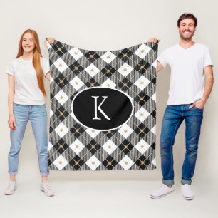 Personalised Monogrammed Black White Gold Plaid Fl Fleece Blanket