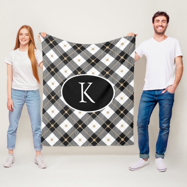 Personalised Monogrammed Black White Gold Plaid Fl Fleece Blanket (In Situ)