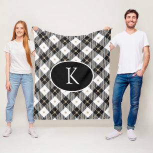 Personalised Monogrammed Black White Gold Plaid Fleece Blanket