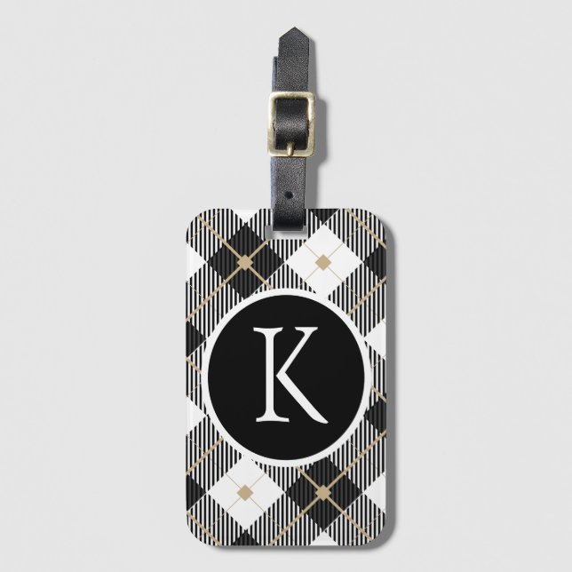 Personalised Monogrammed Black White Gold Plaid Luggage Tag (Front Vertical)
