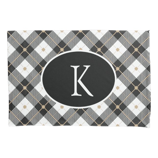 Personalised Monogrammed Black White Gold Plaid Pillowcase (Front)