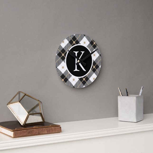 Personalised Monogrammed Black White Gold Plaid Round Clock (Office)