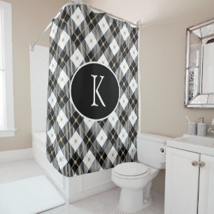 Personalised Monogrammed Black White Gold Plaid Shower Curtain