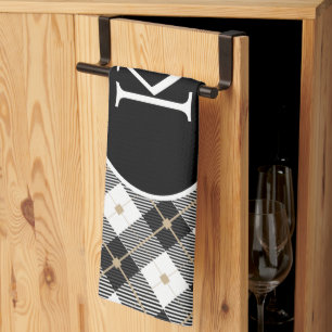 Personalised Monogrammed Black White Gold Plaid Tea Towel