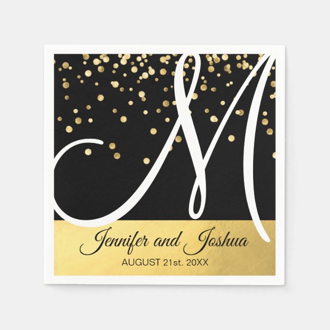 Personalised Monogrammed Black White Gold Wedding Napkin (Front)