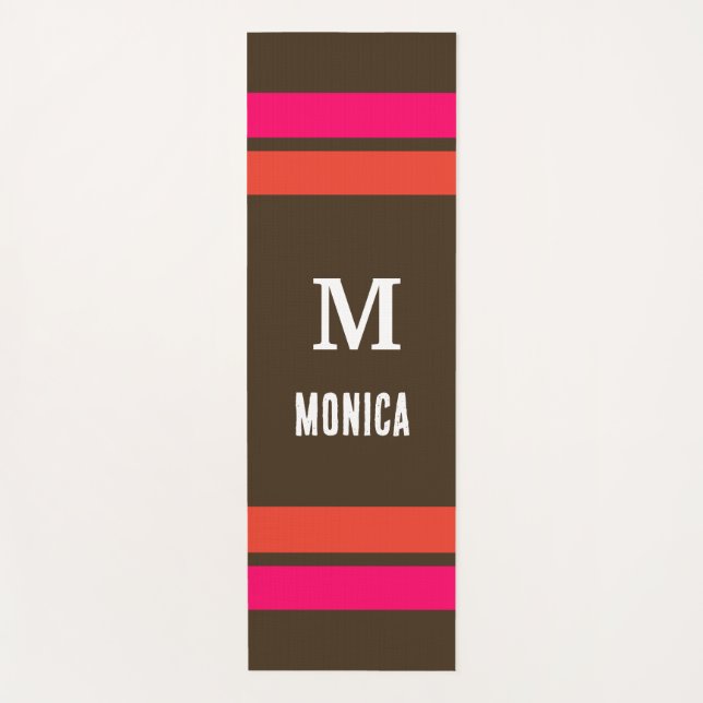 Personalised monogrammed Brown& Orang Pink Stripes Yoga Mat (Front)