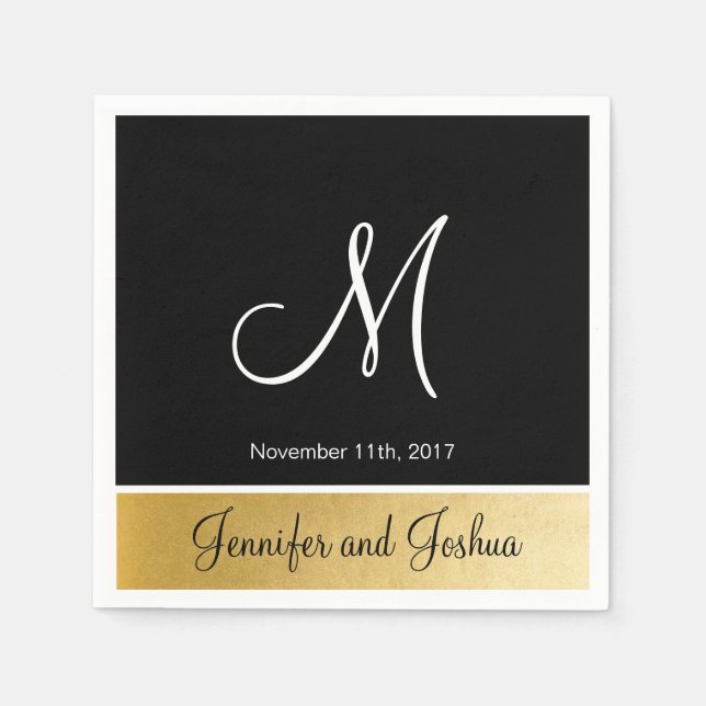 Personalised Monogrammed Custom Black Gold Wedding Napkin (Front)