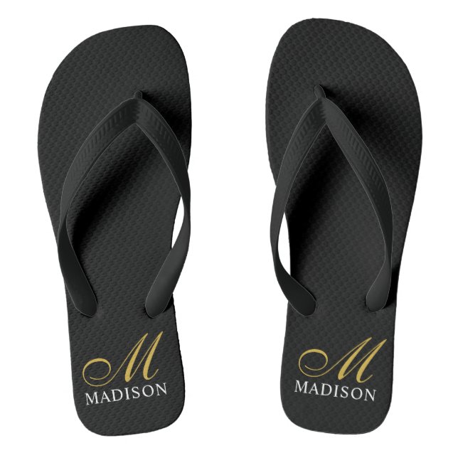 Personalised Monogrammed Gold Black  Flip Flops (Footbed)