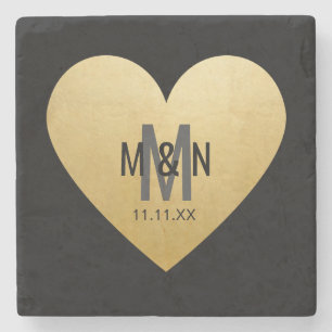 Personalised Monogrammed Gold Heart Wedding Favour Stone Coaster