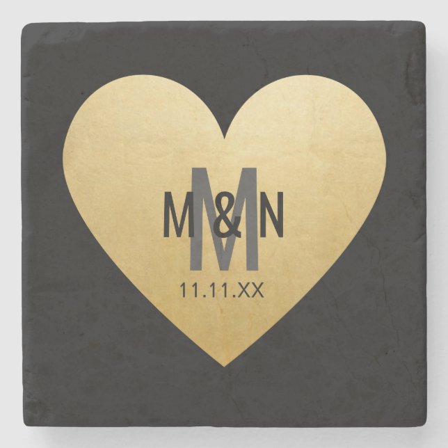Personalised Monogrammed Gold Heart Wedding Favour Stone Coaster (Front)