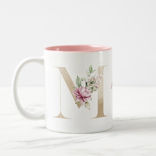 Personalised Monogrammed Gold Letter M Pink Floral Two-Tone Coffee Mug (Left)