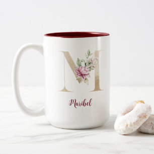 Personalised Monogrammed Gold Letter M PInk Floral Two-Tone Coffee Mug