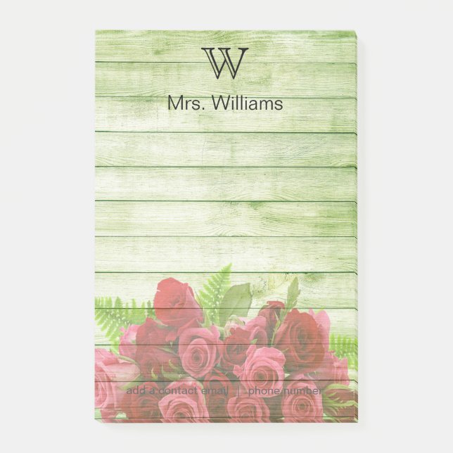 Personalised Monogrammed Green Wooden Background Post-it Notes (Front)