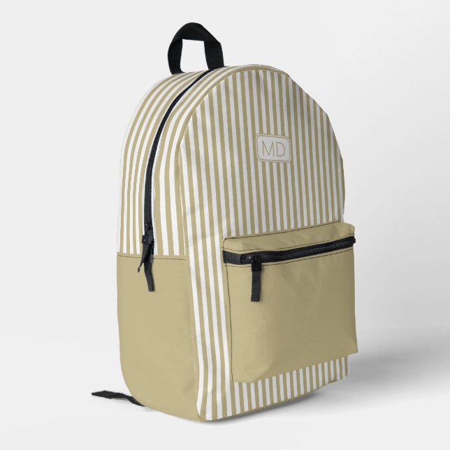Personalised Monogrammed Khaki Shade Stripes Printed Backpack (Back Corner Left)