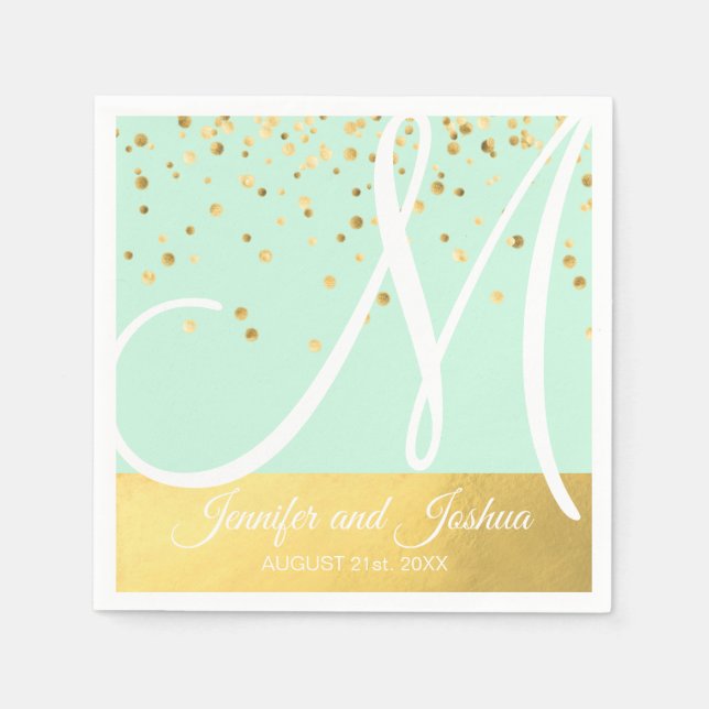Personalised Monogrammed Mint Green Gold Wedding Napkin (Front)