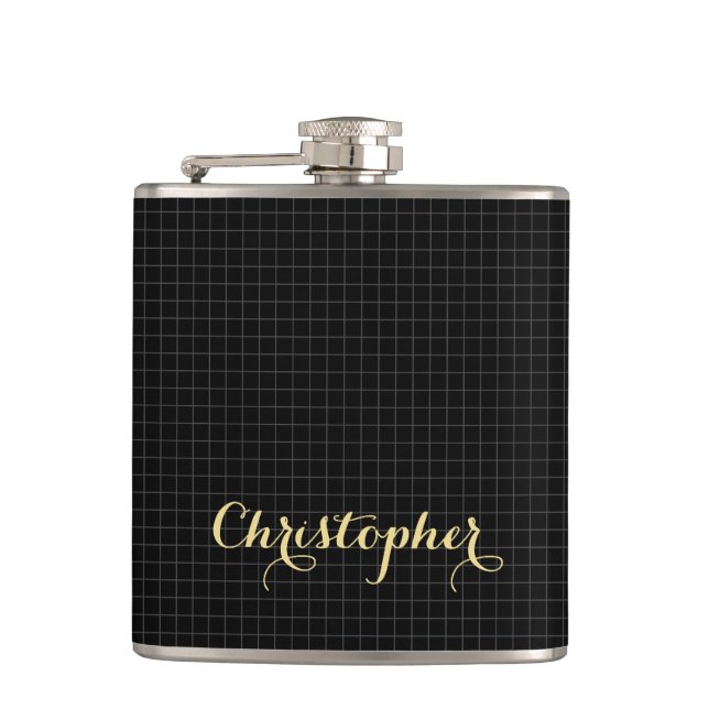 Personalised Monogrammed Modern Black Chequered Hip Flask (Front)