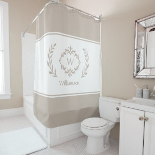 Personalised Monogrammed Name Initial Beige White Shower Curtain