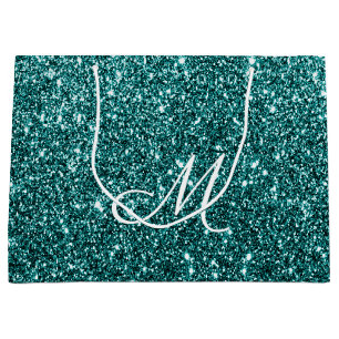 Personalised Monogrammed Teal Glitter Sparkle Large Gift Bag
