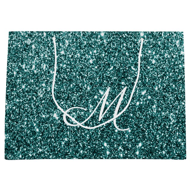 Personalised Monogrammed Teal Glitter Sparkle Large Gift Bag (Front)