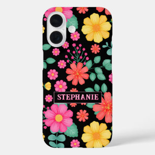 Personalised Monogrammed Wildflower Floral Black iPhone 16 Case