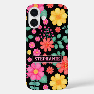 Personalised Monogrammed Wildflower Floral Black iPhone 16 Case