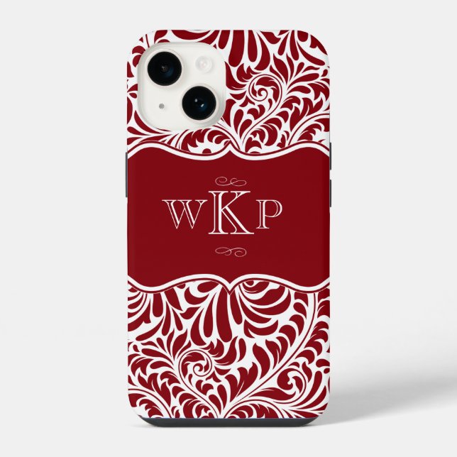 Personalised Monograms Cranberry Damask Pattern Ca iPhone Case (Back)