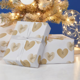 Personalised Monograms, Double the Golden Hearts  Wrapping Paper