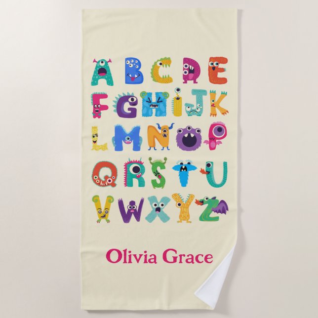Personalised Monster ABC Silly Alphabet Monsters Beach Towel (Front)