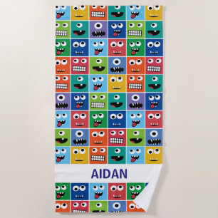 Personalised Monster Face Pattern Colourful Kids Beach Towel
