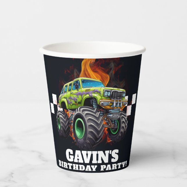Personalised Monster Truck Birthday Party Paper Cups (Front)