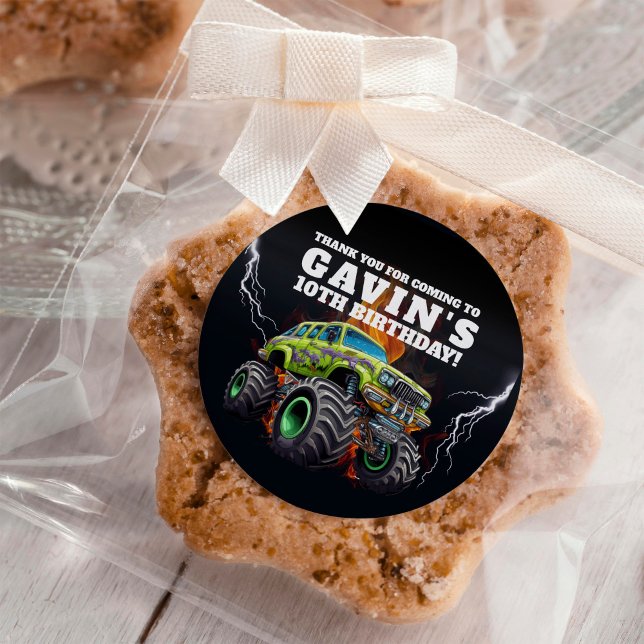 Personalised Monster Truck Editable Birthday Party Classic Round Sticker (Creator Uploaded)