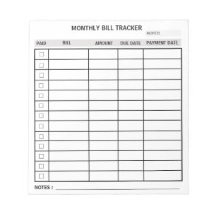 Personalised Monthly Bill Tracker Notepad